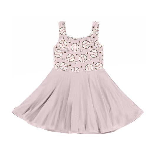 GSD3903 Preorder Baby Girls Pink Sleeveless Star Baseballs Team Knee Length Dresses