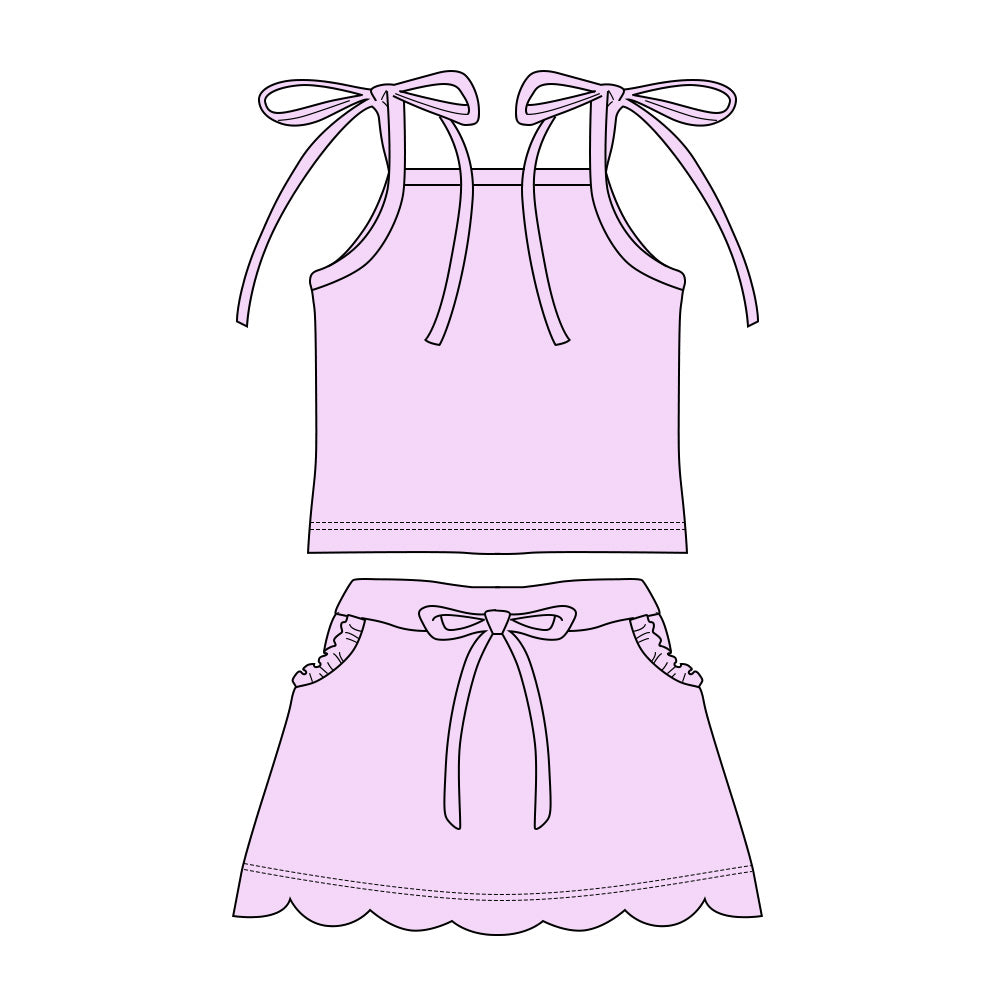 GSD3907 Preorder Baby Girl Lavender Strap Top Scallop Pockets Skirt Shorts Clothes Set