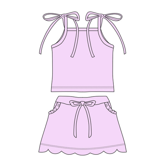 GSD3907 Preorder Baby Girl Lavender Strap Top Scallop Pockets Skirt Shorts Clothes Set