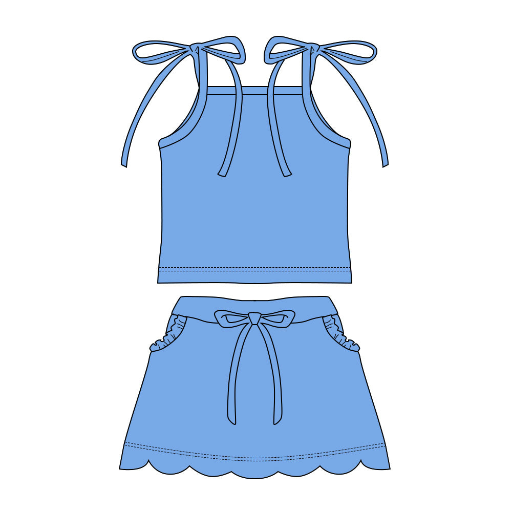 GSD3908 Preorder Baby Girl Blue Strap Top Scallop Pockets Skirt Shorts Clothes Set