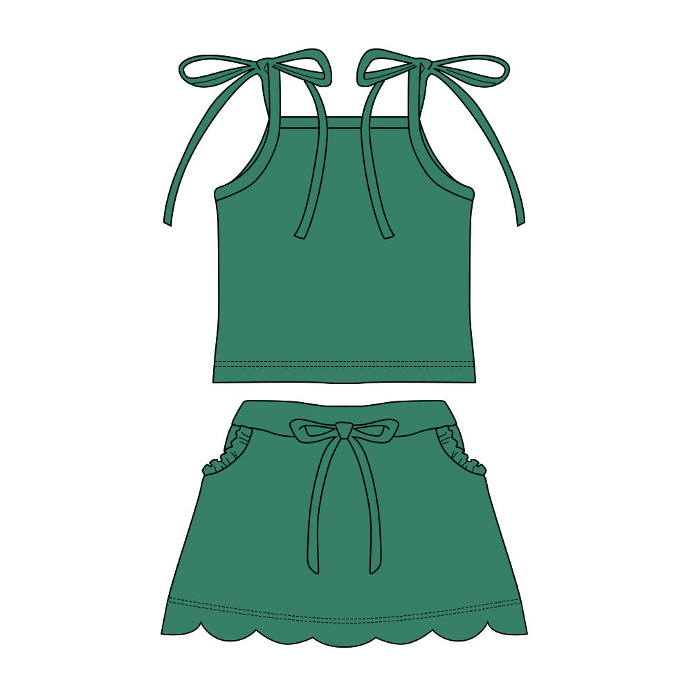 GSD3909 Preorder Baby Girl Green Strap Top Scallop Pockets Skirt Shorts Clothes Set
