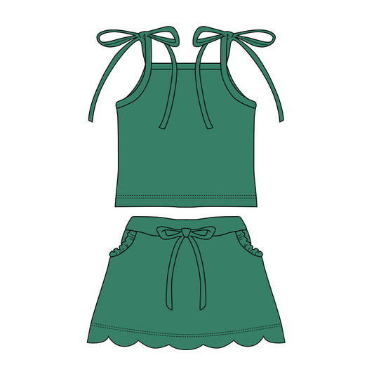 GSD3909 Preorder Baby Girl Green Strap Top Scallop Pockets Skirt Shorts Clothes Set
