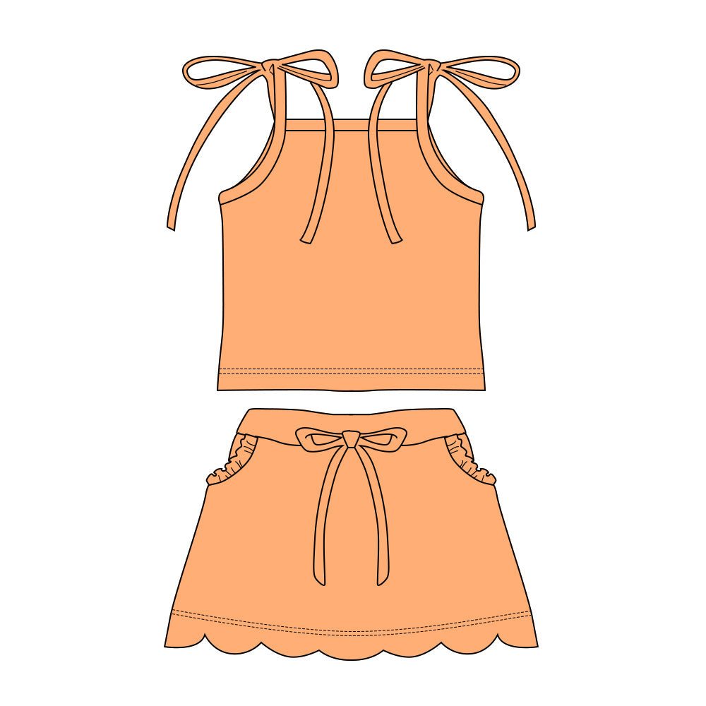GSD3911 Preorder Baby Girl Orange Strap Top Scallop Pockets Skirt Shorts Clothes Set