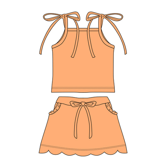GSD3911 Preorder Baby Girl Orange Strap Top Scallop Pockets Skirt Shorts Clothes Set