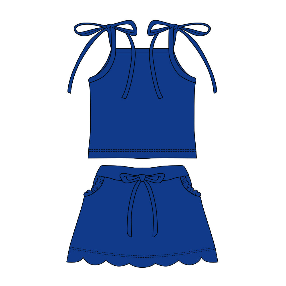 GSD3912 Preorder Baby Girl Navy Strap Top Scallop Pockets Skirt Shorts Clothes Set