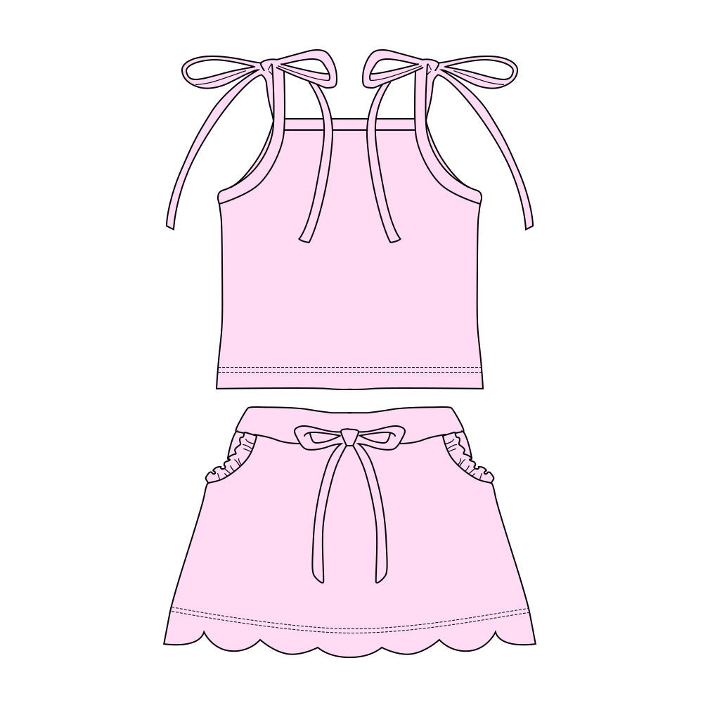 GSD3913 Preorder Baby Girl Light Pink Strap Top Scallop Pockets Skirt Shorts Clothes Set