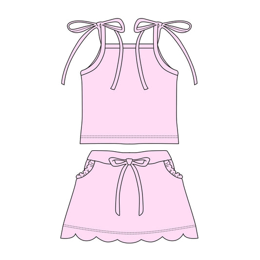 GSD3913 Preorder Baby Girl Light Pink Strap Top Scallop Pockets Skirt Shorts Clothes Set