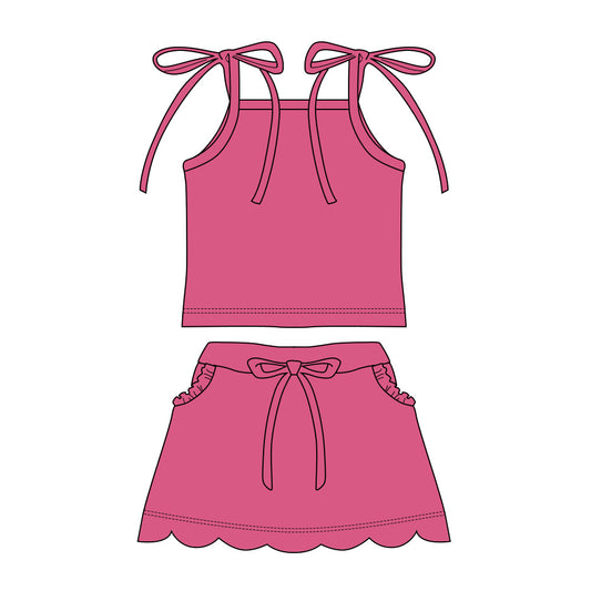 GSD3914 Preorder Baby Girl Hot Pink Strap Top Scallop Pockets Skirt Shorts Clothes Set