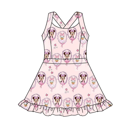 GSD3915 Preorder Baby Girl Strap Cartoon Mouse Ducks Yoga Active Knee Length Dresses