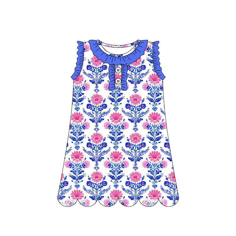 GSD3916 Preorder Baby Girl Sleeveless Colorful Flowers Button Knee Length Dresses