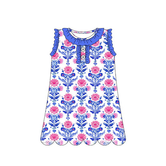 GSD3916 Preorder Baby Girl Sleeveless Colorful Flowers Button Knee Length Dresses
