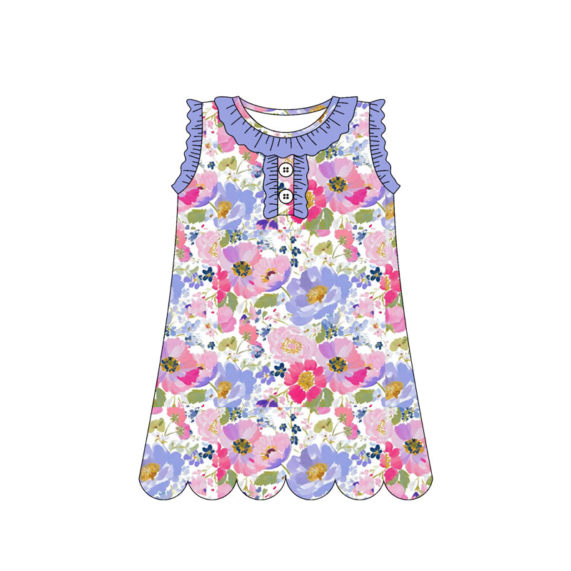GSD3918 Preorder Baby Girl Sleeveless Colorful Flowers Button Knee Length Dresses