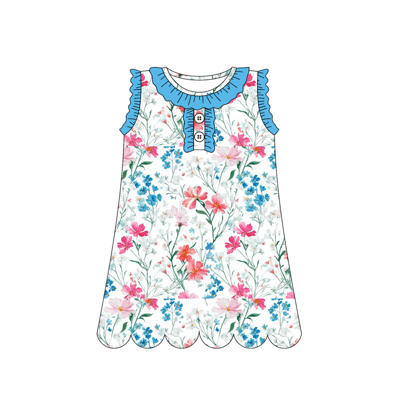 GSD3919 Preorder Baby Girl Sleeveless Colorful Flowers Button Knee Length Dresses