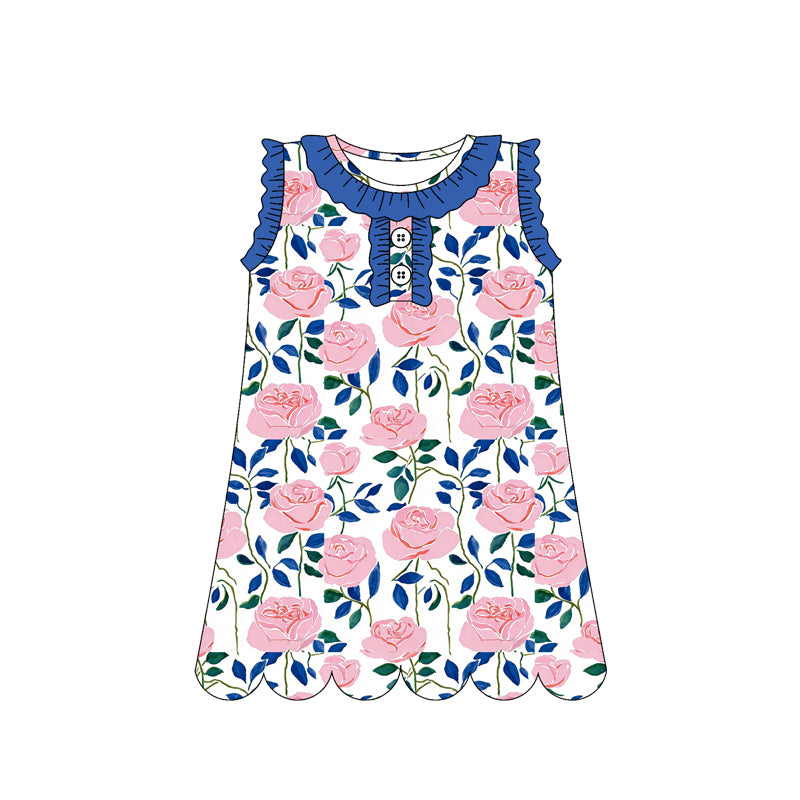 GSD3920 Preorder Baby Girl Sleeveless Colorful Flowers Button Knee Length Dresses