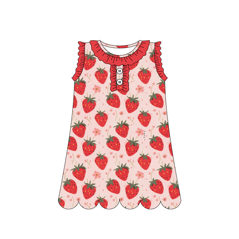GSD3921 Preorder Baby Girl Sleeveless Strawberry Flowers Button Knee Length Dresses
