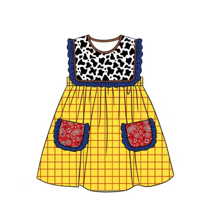 GSD3922 Preorder Baby Girl Cow Print Yellow Checked Pockets Knee Length Dresses