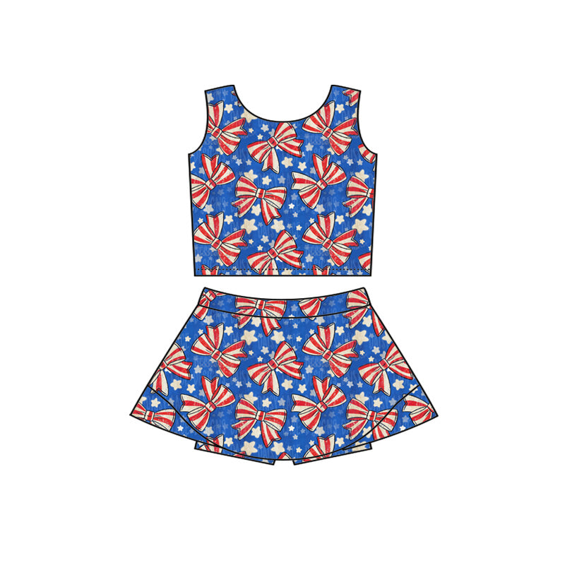 GSD3924 Preorder Baby Girl Flag Bows Stars Vests Skirt Short Yoga Active 4th of July Clothes Set