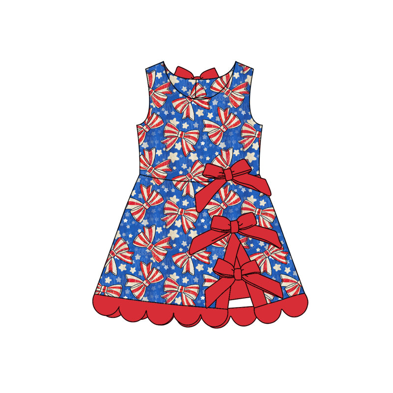 GSD3925 Preorder Baby Girl Flag Bows Stars 4th of July Yoga Active Scallop Short Knee Length Dress