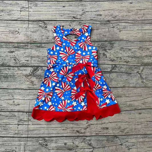 GSD3925 Preorder Sample Baby Girls Flag Bows Stars 4th of July Yoga Active Scallop Short Knee Length Dress