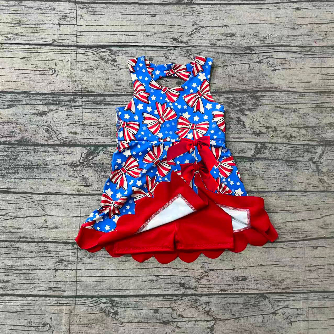 GSD3925 Preorder Sample Baby Girls Flag Bows Stars 4th of July Yoga Active Scallop Short Knee Length Dress