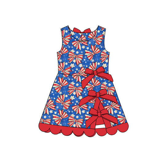 GSD3925 Preorder Baby Girl Flag Bows Stars 4th of July Yoga Active Scallop Short Knee Length Dress