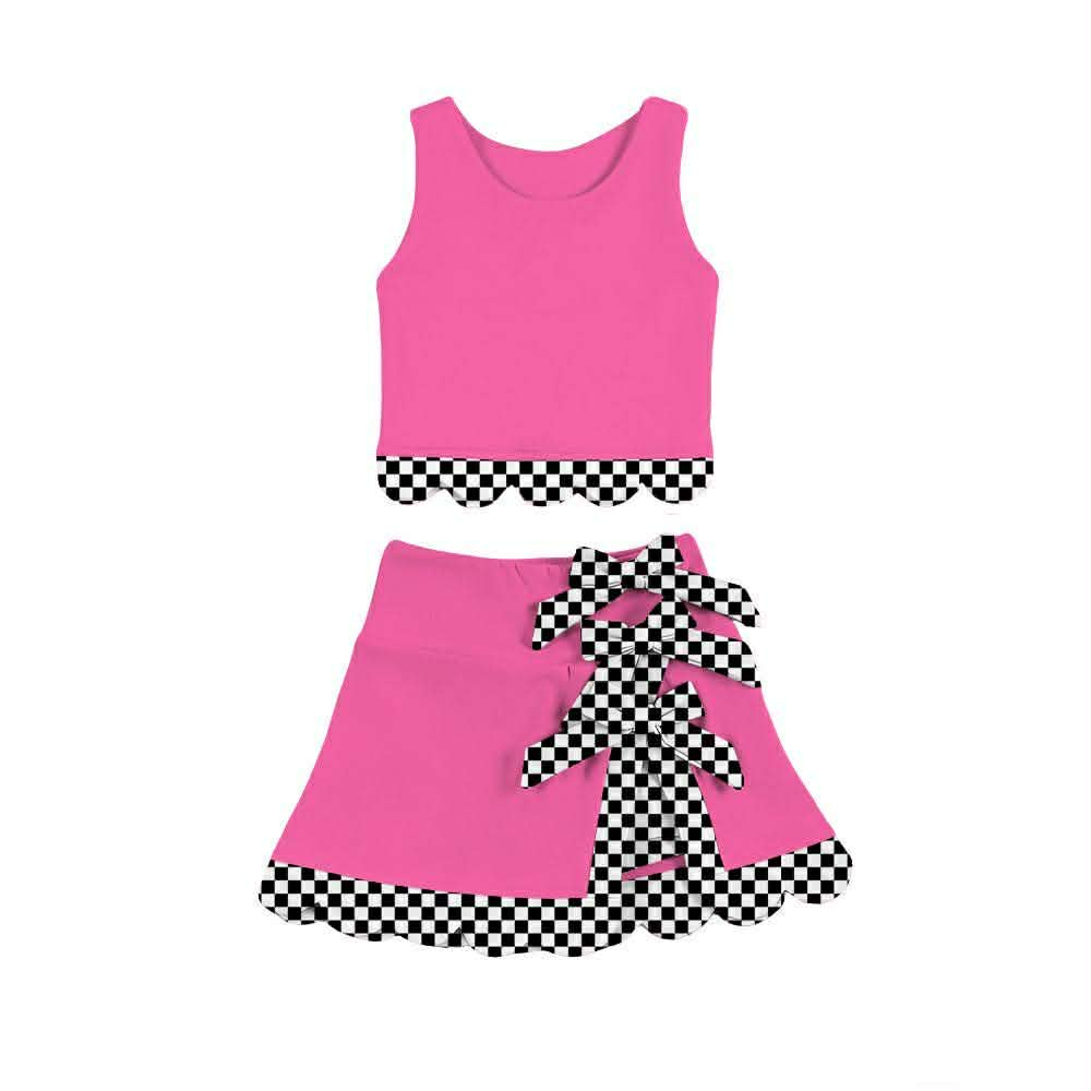 GSD3926 Preorder Baby Girl Pink Sleeveless Vests Top Bows Short Yoga Active Scallop Clothes Set