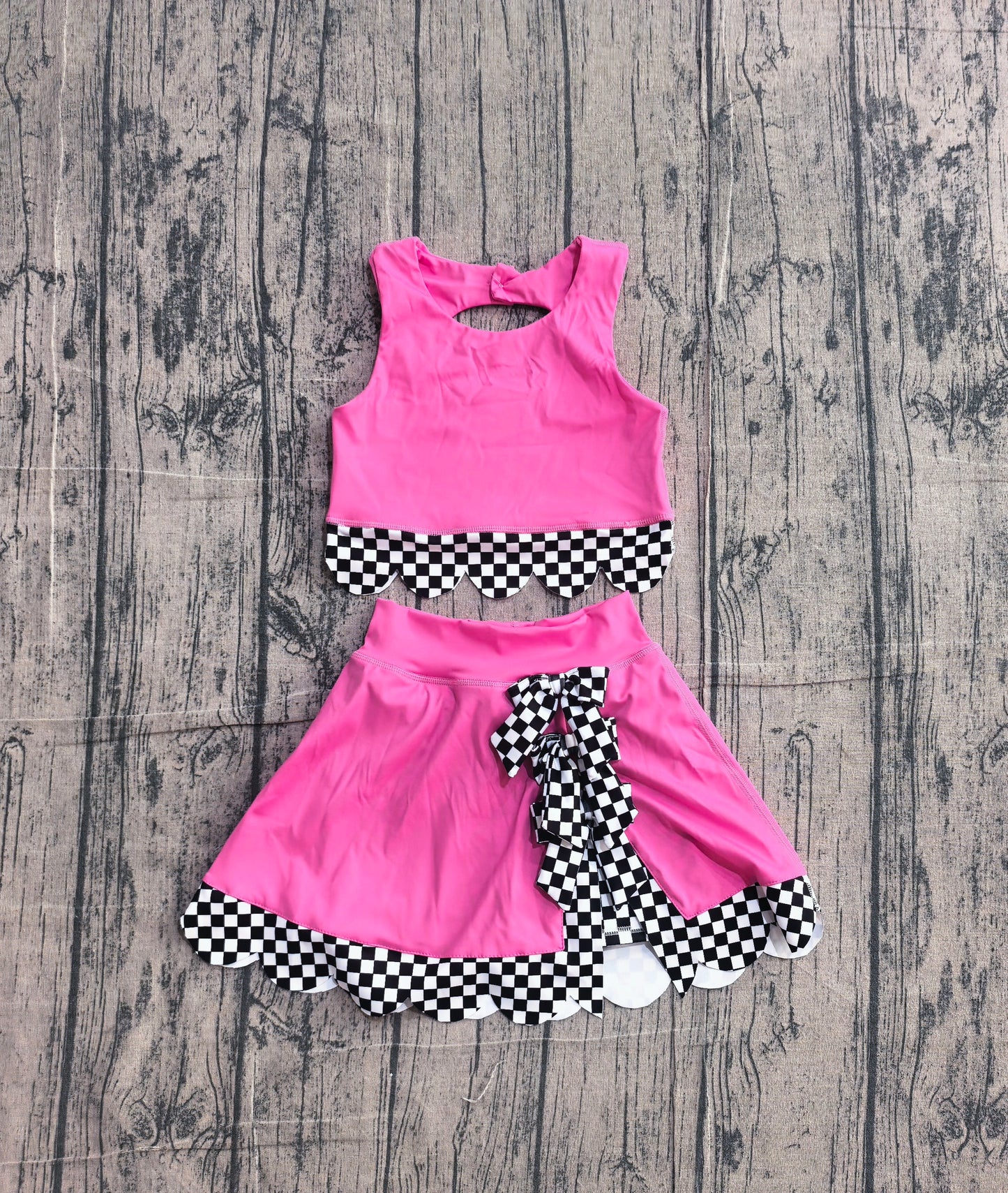GSD3926 Preorder Sample Baby Girls Pink Sleeveless Vests Top Bows Short Yoga Active Scallop Clothes Set
