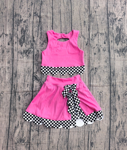 GSD3926 Preorder Sample Baby Girls Pink Sleeveless Vests Top Bows Short Yoga Active Scallop Clothes Set