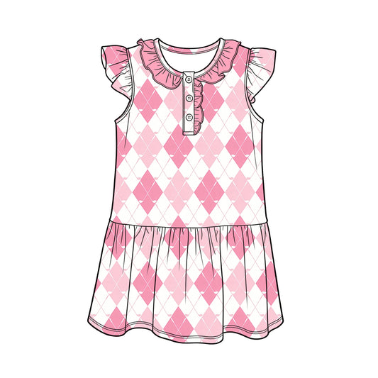 GSD3928 Preorder Baby Girl Flutter Sleeve Pink Golf Checked Button Knee Length Dresses
