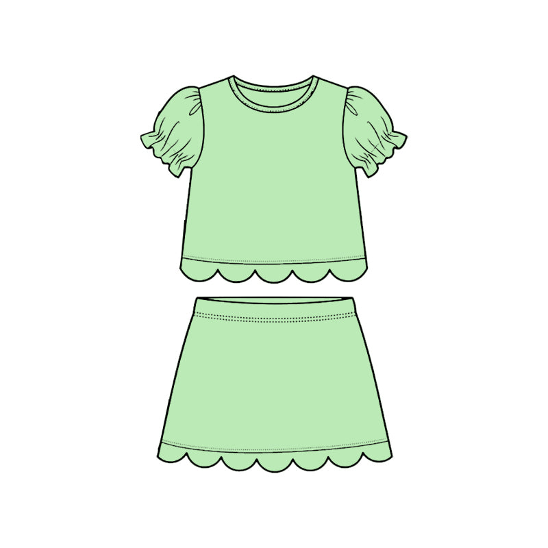 GSD3929 Preorder Baby Girl Light Green Short Ruffle Sleeve Top Skirt Short Scallop Clothes Sets