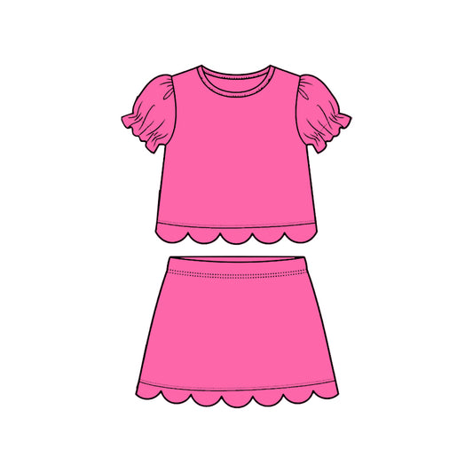 GSD3930 Preorder Baby Girl Rose Red Short Ruffle Sleeve Top Skirt Short Scallop Clothes Sets