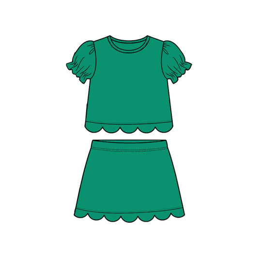 GSD3931 Preorder Baby Girl Green Short Ruffle Sleeve Top Skirt Short Scallop Clothes Sets