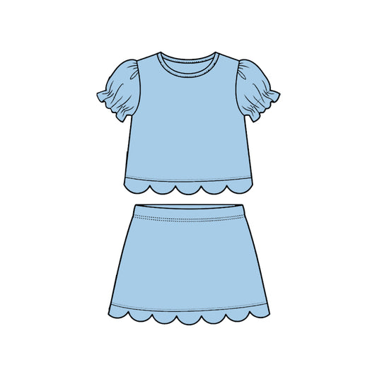 GSD3933 Preorder Baby Girl Blue Short Ruffle Sleeve Top Skirt Short Scallop Clothes Sets