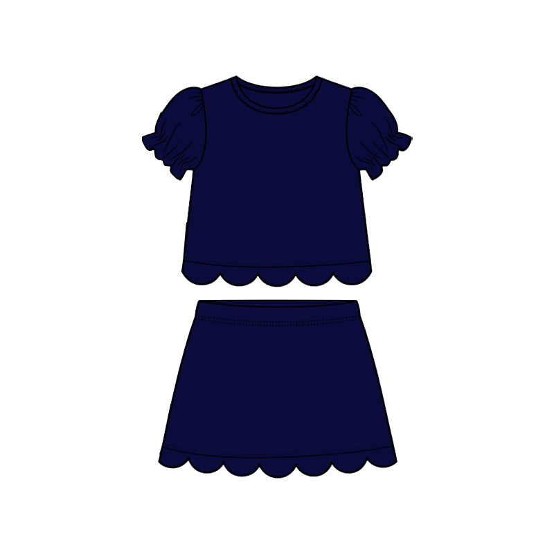 GSD3934 Preorder Baby Girl Navy Short Ruffle Sleeve Top Skirt Short Scallop Clothes Sets