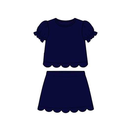 GSD3934 Preorder Baby Girl Navy Short Ruffle Sleeve Top Skirt Short Scallop Clothes Sets