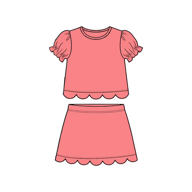 GSD3935 Preorder Baby Girl Peach Short Ruffle Sleeve Top Skirt Short Scallop Clothes Sets
