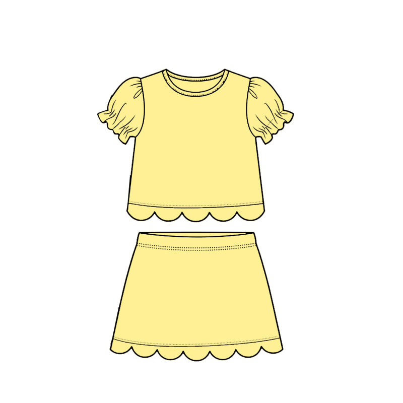 GSD3936 Preorder Baby Girl Yellow Short Ruffle Sleeve Top Skirt Short Scallop Clothes Sets