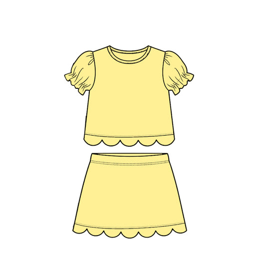 GSD3936 Preorder Baby Girl Yellow Short Ruffle Sleeve Top Skirt Short Scallop Clothes Sets