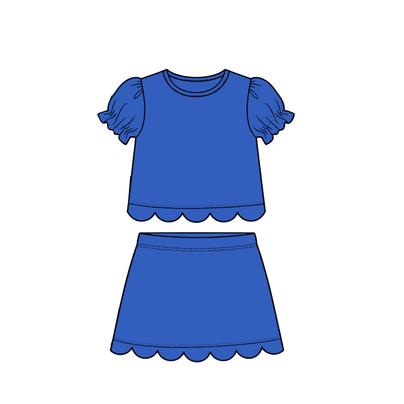 GSD3937 Preorder Baby Girl Hot Blue Short Ruffle Sleeve Top Skirt Short Scallop Clothes Sets