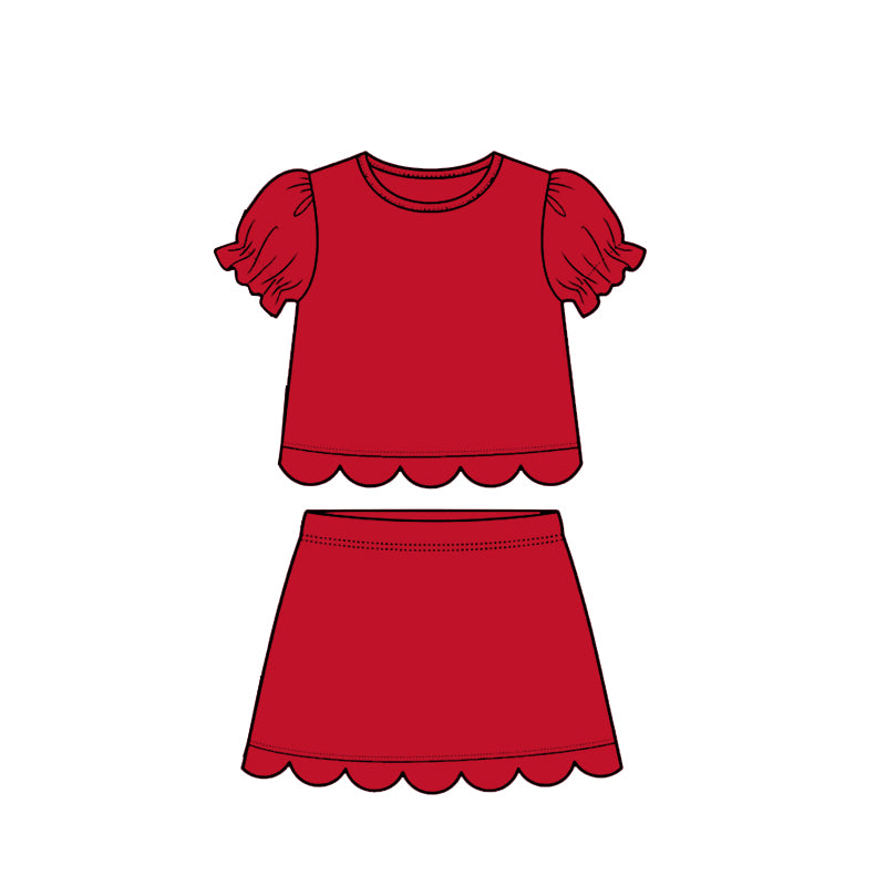 GSD3938 Preorder Baby Girl Red Short Ruffle Sleeve Top Skirt Short Scallop Clothes Sets