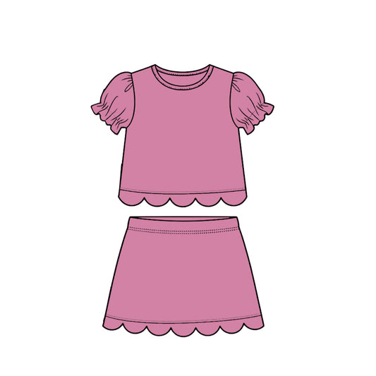 GSD3939 Preorder Baby Girl Pink Short Ruffle Sleeve Top Skirt Short Scallop Clothes Sets