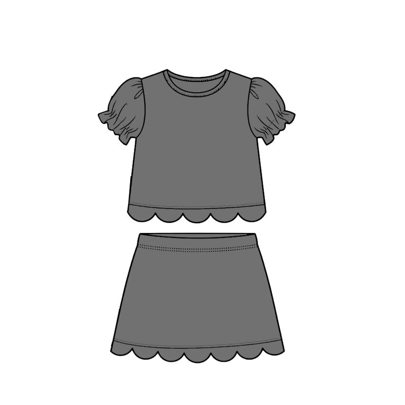 GSD3941 Preorder Baby Girl Grey Short Ruffle Sleeve Top Skirt Short Scallop Clothes Sets