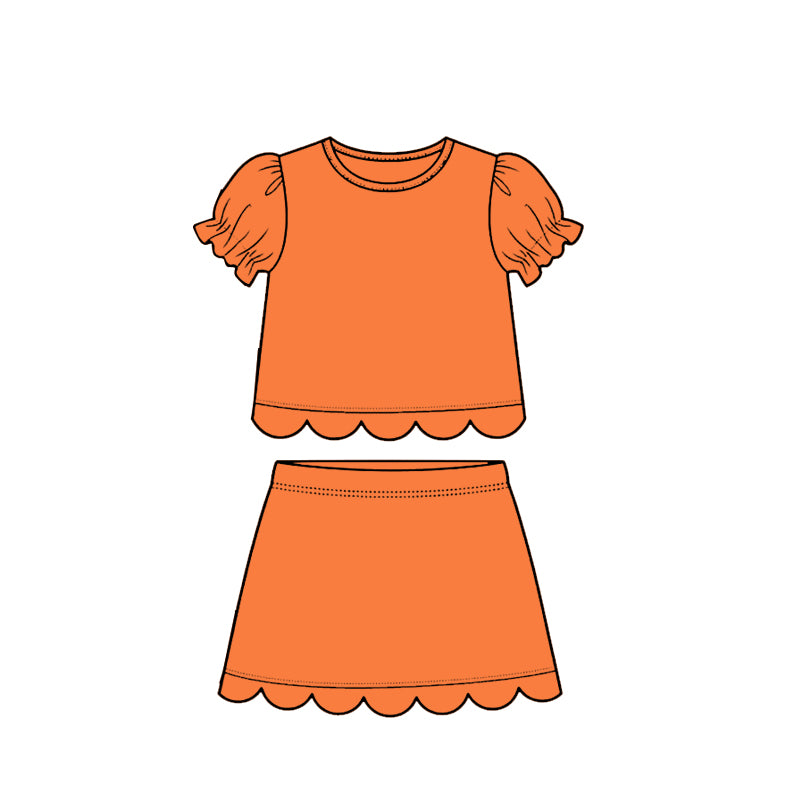 GSD3942 Preorder Baby Girl Orange Short Ruffle Sleeve Top Skirt Short Scallop Clothes Sets