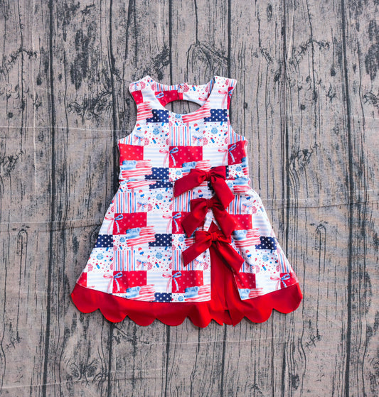 GSD3945 Preorder Sample Baby Girls Bows Flags 4th of July Yoga Active Scallop Short Knee Length Dress