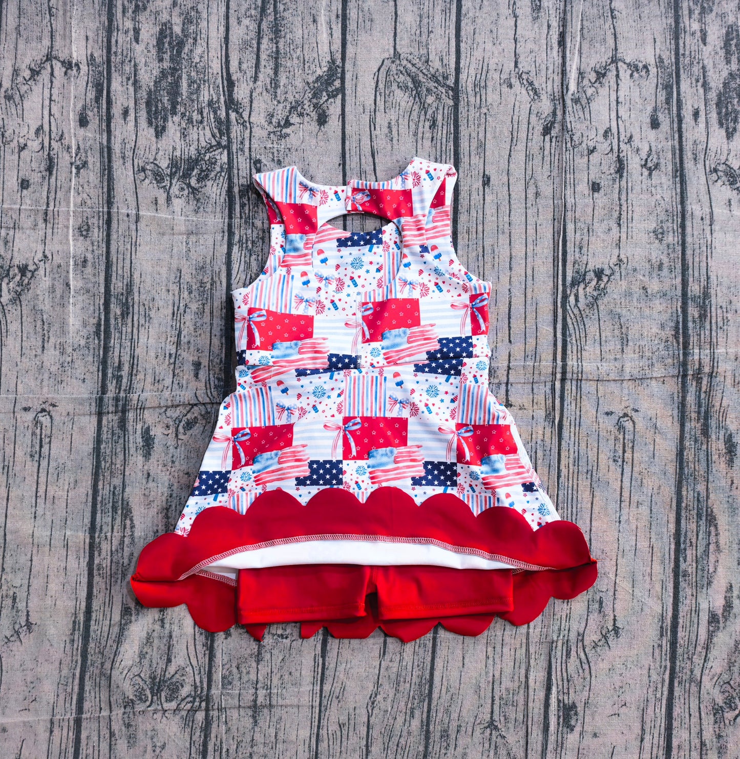 GSD3945 Preorder Sample Baby Girls Bows Flags 4th of July Yoga Active Scallop Short Knee Length Dress