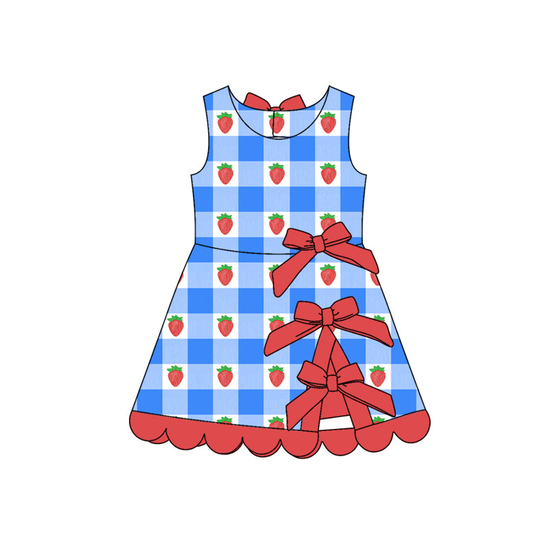 GSD3946 Preorder Baby Girl Blue Checked Strawberry Yoga Active Scallop Short Knee Length Dress
