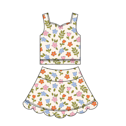 GSD3947 Preorder Baby Girl Strap Colorful Flowers Top Scallop Skirt Short Yoga Active Clothes Set