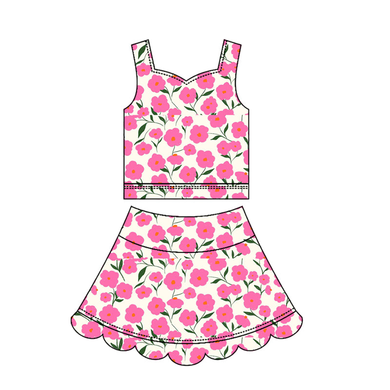 GSD3949 Preorder Baby Girl Strap Pink Flowers Top Scallop Skirt Short Yoga Active Clothes Set