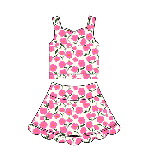 GSD3949 Preorder Baby Girl Strap Pink Flowers Top Scallop Skirt Short Yoga Active Clothes Set
