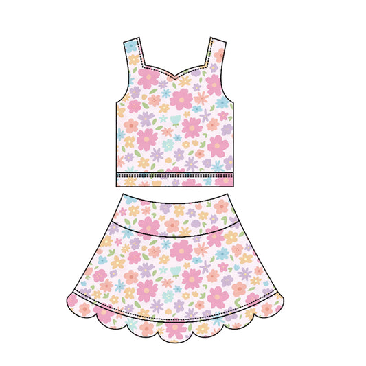 GSD3950 Preorder Baby Girl Strap Colorful Flowers Top Scallop Skirt Short Yoga Active Clothes Set